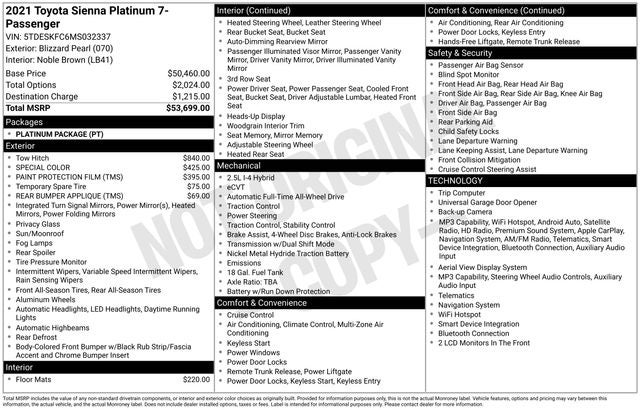 2021 Toyota Sienna Platinum 7 Passenger